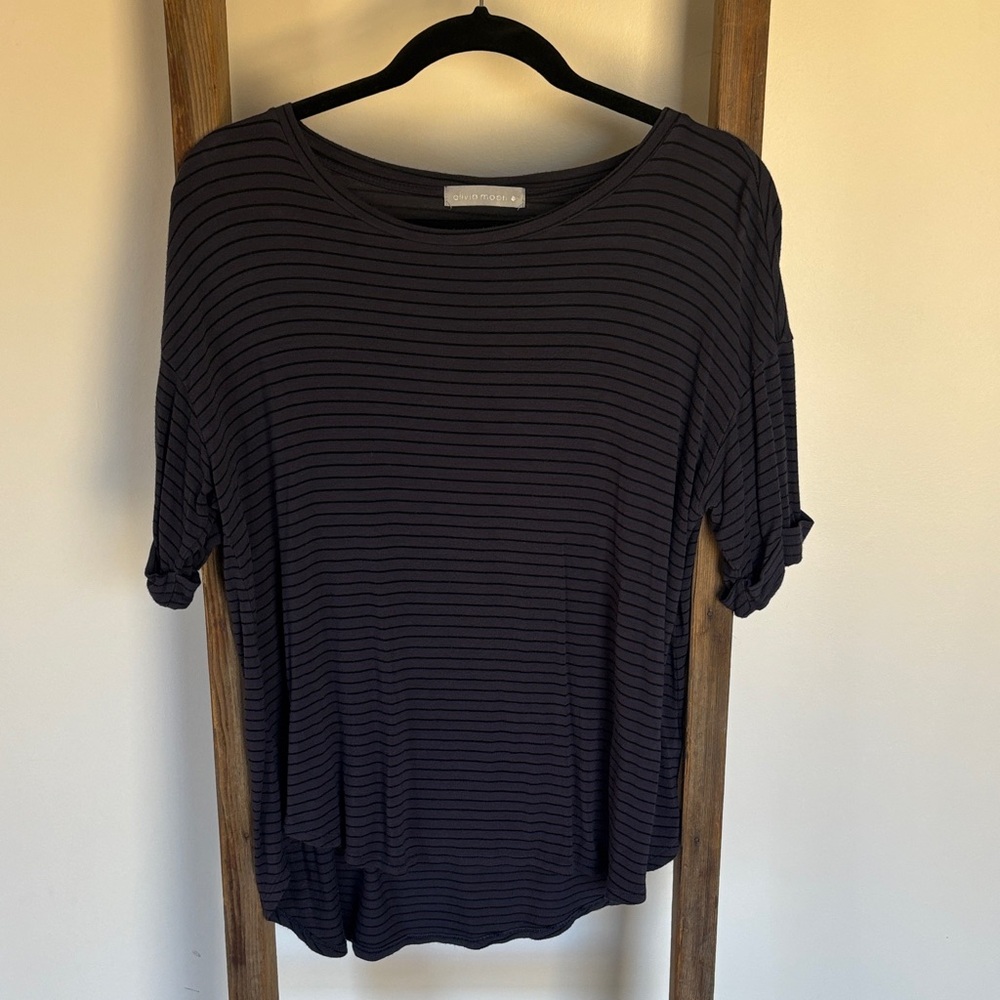 Women's Blue and Black Striped Cuffed Sleeve Oversized Tunic Top